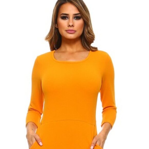 Kangaroo Pockets Solid Red Bodycon Midi Dress Casual Church Office 7/8 Sleeves - Picture 2 of 5